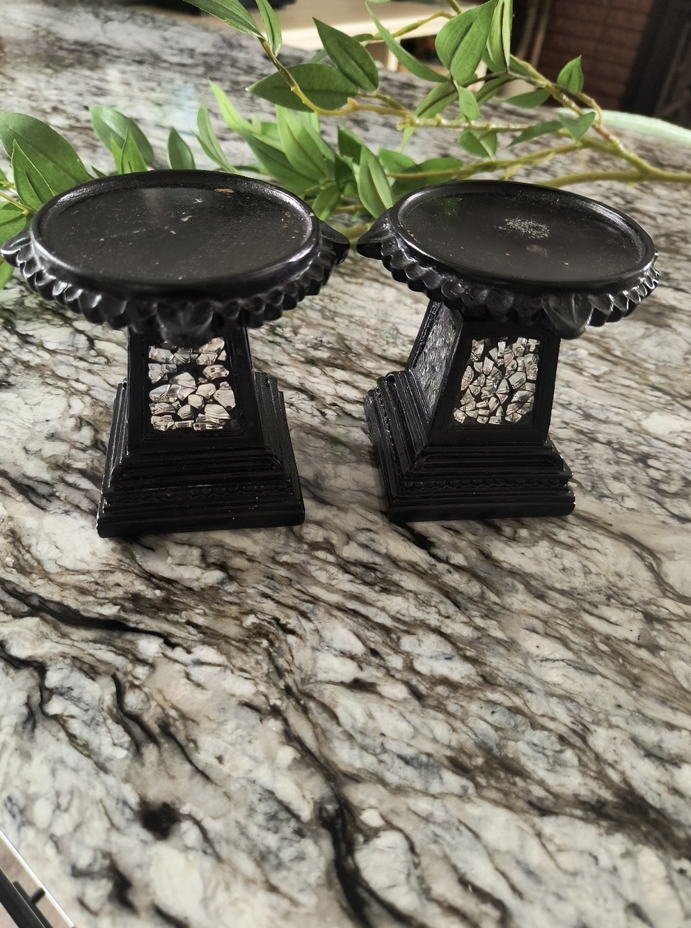 Black Decorative Accent Pedestals with Mirrored Inlay Set Of 2 Glass Gothic